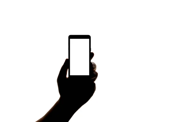 Silhouette Mano Con Smartphone Scattare Foto Isolate Sfondo Bianco Schermo — Foto Stock