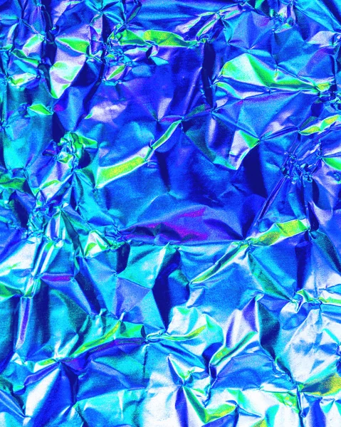 Összegyűrt Alumínium Konyhai Fólia Textúrája Visszaverődő Lila Zöld Fénnyel Színes — Stock Fotó