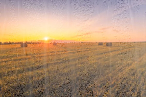 Een Landbouwveld Met Hooibergen Avonds Verlicht Door Zonlicht Regen Achter — Stockfoto