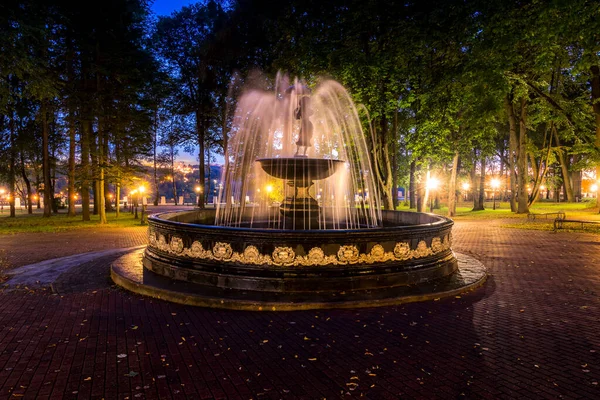 Una Fuente Con Corrientes Borrosas Agua Parque Nocturno Iluminado Por — Foto de Stock