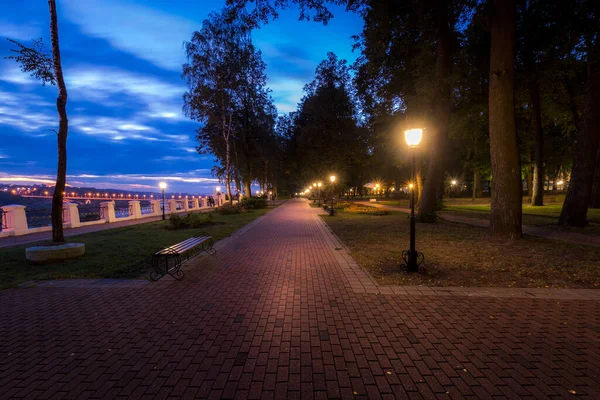 Parco Notturno Illuminato Lanterne Con Pavimento Pietra Alberi Foglie Cadute — Foto Stock