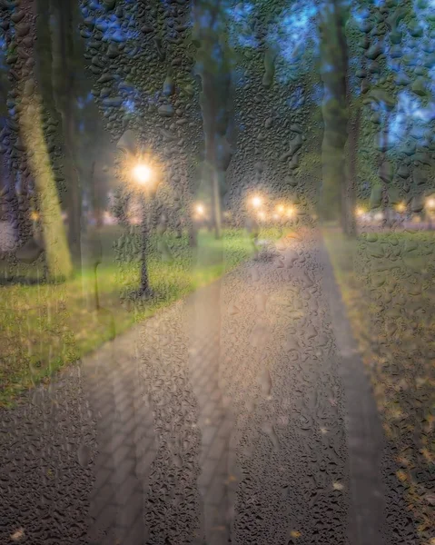 Defokussierte Nachtpark Mit Laternen Hinter Regnerischen Nassen Glas Der Nacht — Stockfoto