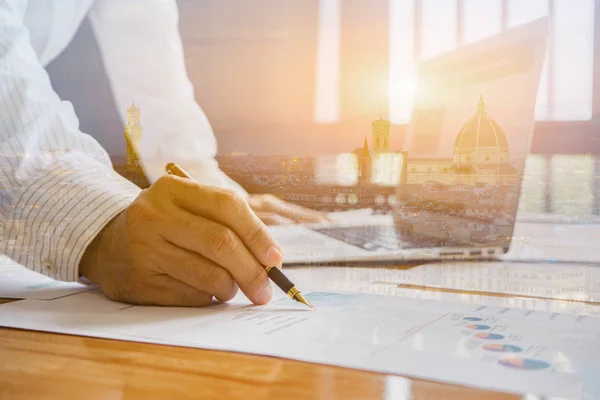 Double Exposure Man Signing Document Workplace Cityscape — Stock Photo, Image