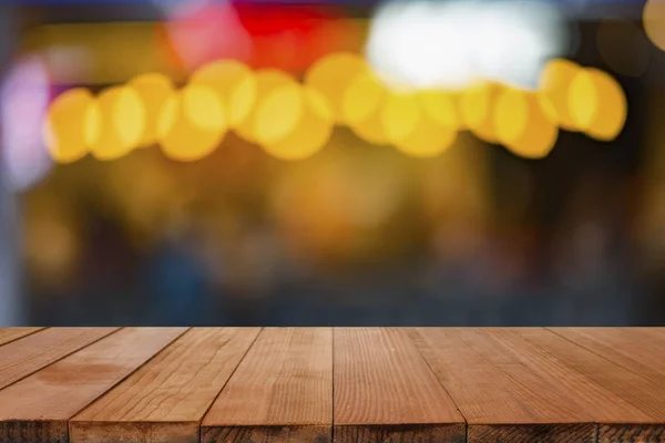 Empty Brown Wooden Table Coffee Shop Blur Background Bokeh Lights — Stock Photo, Image