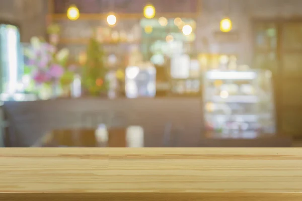 Empty Brown Wooden Table Coffee Shop Blur Background Bokeh Lights — Stock Photo, Image