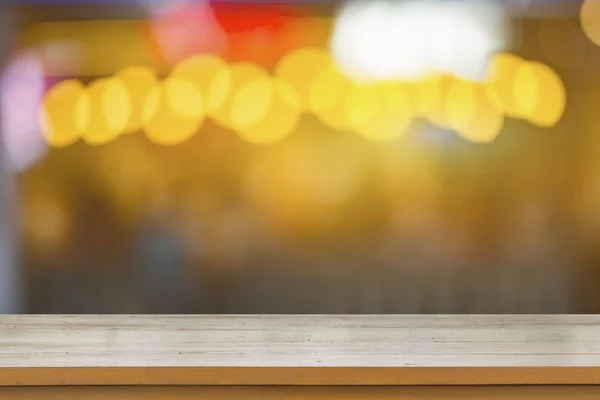 Empty Brown Wooden Table Coffee Shop Blur Background Bokeh Lights — Stock Photo, Image