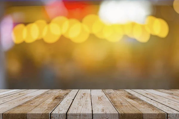 Empty Brown Wooden Table Coffee Shop Blur Background Bokeh Lights — Stock Photo, Image