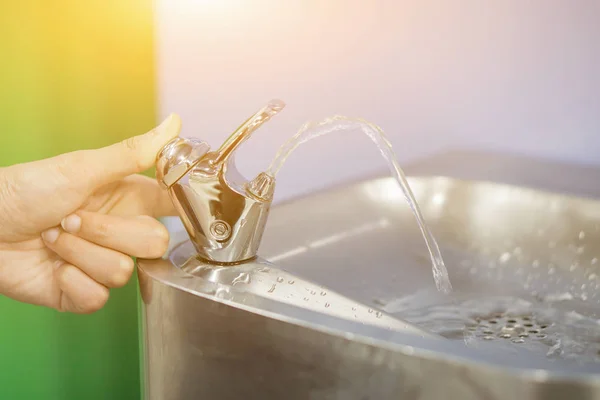 Closeup Female Hand Pressing Water Tap Public Bathroom — Stock Photo, Image