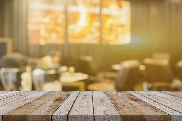 Empty Brown Wooden Table Cafe Blur Background Bokeh Lights — Stock Photo, Image