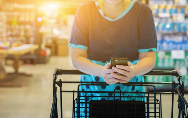 Alışveriş Sepeti Ile Alışveriş Smartphone Kullanarak Kadın Kırpılmış Görüntü — Stok fotoğraf