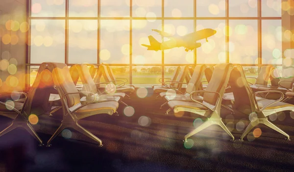 Vista Terminal Aeroporto Avião Luz Solar Com Bokeh — Fotografia de Stock