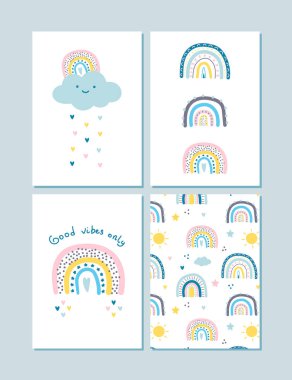 Güzel gökkuşaklı posterler. Vektör arkaplanı. İskandinav tarzı.