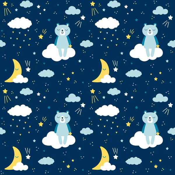 Bulutlardaki sevimli ayıyla kusursuz desen. Vektör arkaplanı. İskandinav tarzı.