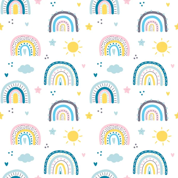 Gökkuşağı desenli kusursuz şirin bir desen. Vektör arkaplanı. İskandinav tarzı.