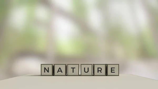 木制立方体与一个词自然 社交媒体和环境概念接近模糊的背景 3D说明 — 图库照片