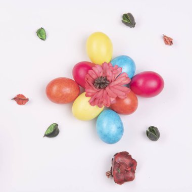 Beyaz arka planda kurutulmuş çiçekler ile çok renkli paskalya yumurtaları