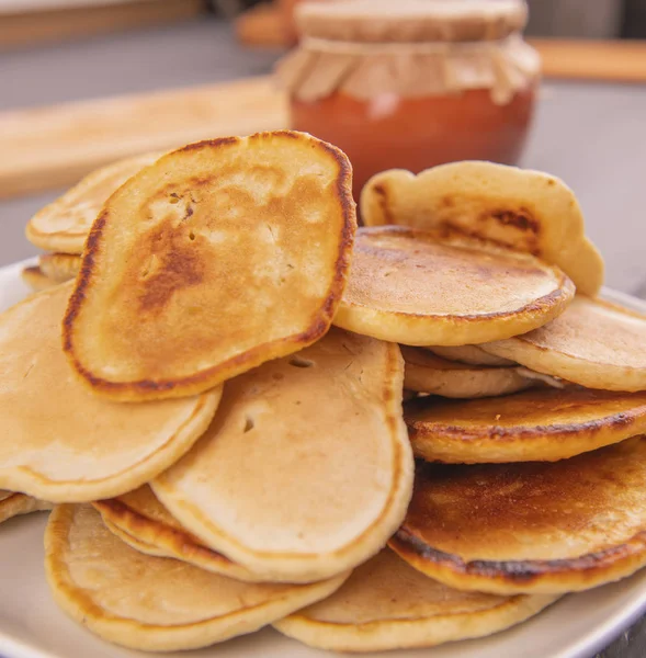 Lot Pancakes Plate Rustic Table — Stock Photo, Image