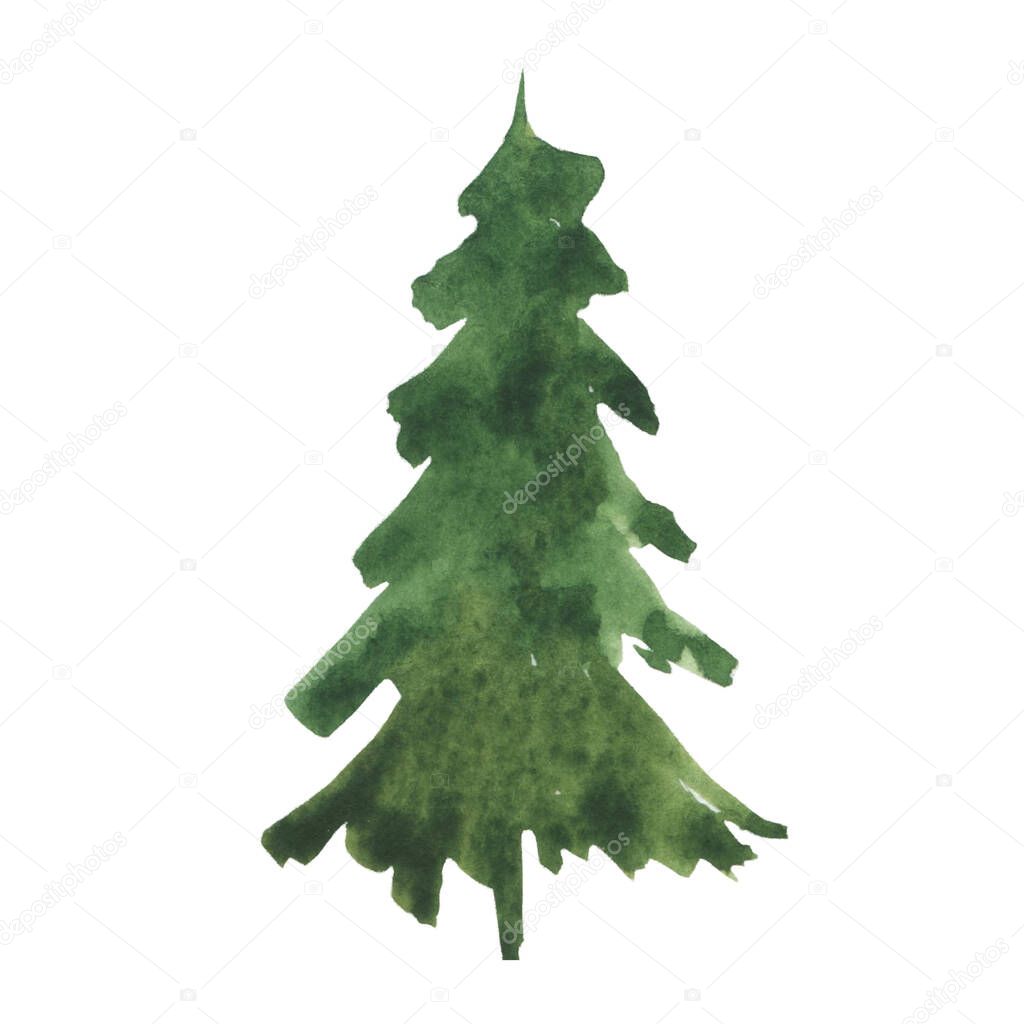 Watercolor Christmas tree isolated on white background. Tree, winter, forest, new year, holiday. Use for postcards, scrapbooking, albums, prints.