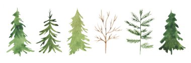 Yapraksız suluboya Noel ağaçları ve ağaç koleksiyonu. Doğa nesneleri hazır. Tatil, kış, yeni yıl, kültür, gelenekler. Yazdırma, klip, çıkartma, kartpostal vs. için.