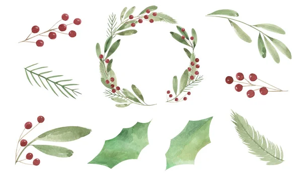 Set Christmas Watercolor Elements Red Berries Green Leaves Twigs Festive — Stock Photo, Image