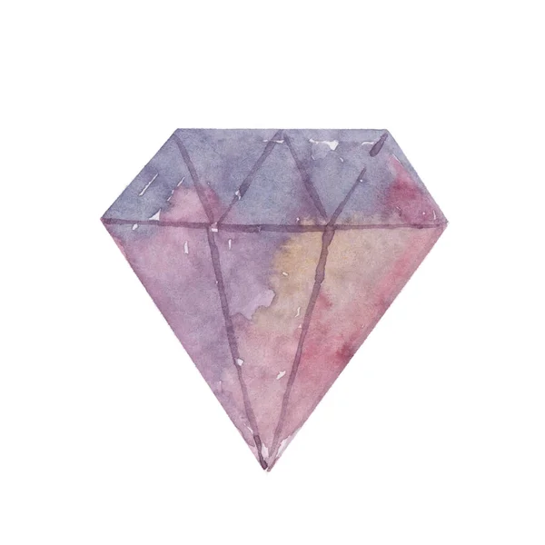 Watercolor diamond drawing isolated on white background. Beautiful crystal, stone, jewel. Element of nature. Girlish style. For your design.