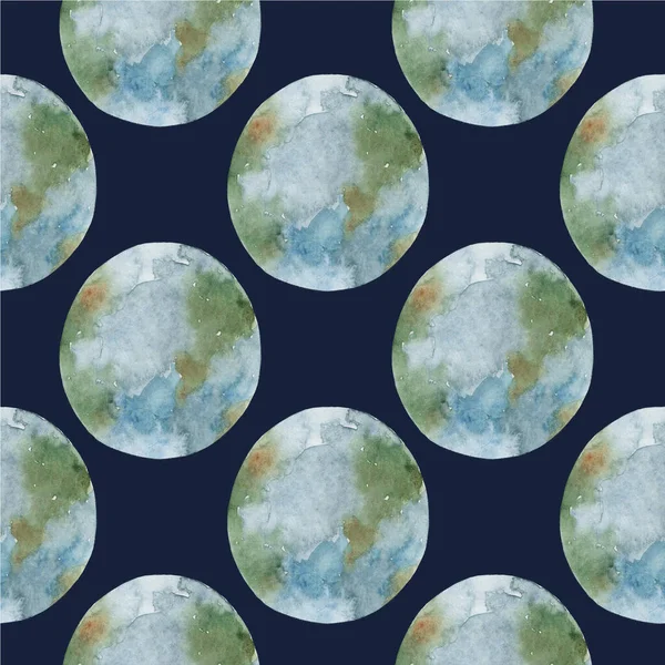 Seamless pattern with the watercolor drawing of the planet earth on a dark blue background.