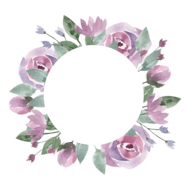 Beyaz arka planda pastel çiçekli suluboya çelenk. Mesaj için yer. Şenlik çerçevesi. Kartpostallar, düğün davetiyeleri, posterler, tebrikler..