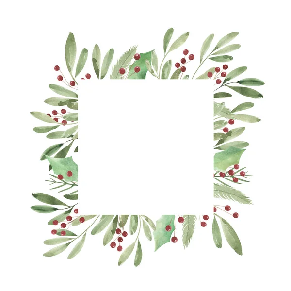 Watercolor Square Christmas Frame Twigs Berries Holiday Postcard Congratulations Place — Stock Photo, Image