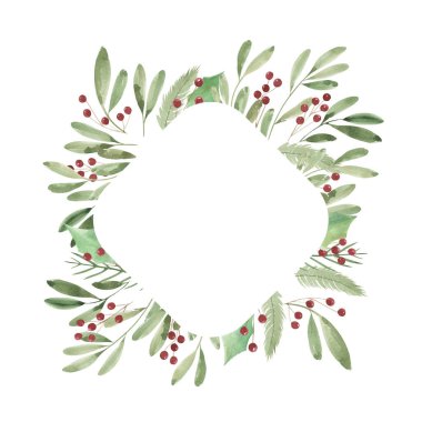 Suluboya elementli Noel çerçevesi. Yeşil dallar, kırmızı meyveler.