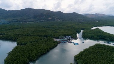 Longtail tekneler phang nga Tayland hava görünümünü, limanda