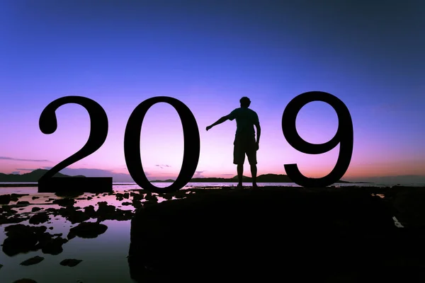 Silhouette Freedom Young Man Stone Sunrise Sunset Sea 2019 Years — Stock Photo, Image