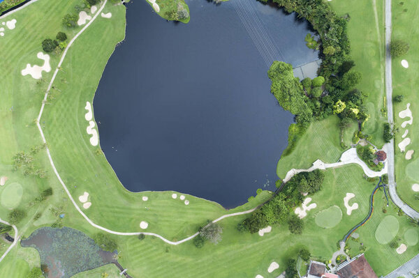 Aerial view drone shot of beautiful golf field