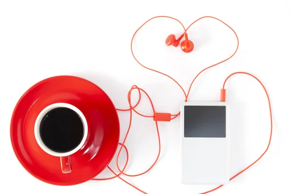 Kaffeetasse Mit Musikplayer Und Rotem Kopfhörer Auf Weißem Hintergrund Valentinstag — Stockfoto