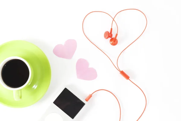 Coffee Cup Music Player Red Earphone White Background Valentine Day — Stock Photo, Image