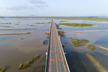Havadan görünümü Köprüsü (Ekachai köprü) renkli yolu köprüsü resmini uçak çapraz Talay Noi Gölü gölde Phatthalung ili Tayland.