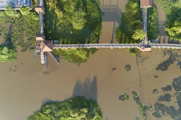 Aerial Top View Drone Shot Bridge Lake Longtail Boats Fisherman — Stock Photo, Image