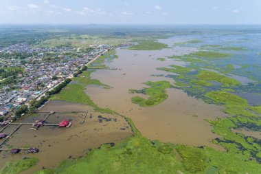 Havadan görünümü robot yeşil orman ve göl güzel vahşi doğa manzara arka plan için.