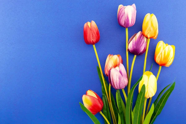 Lente Bloem Van Multi Color Tulpen Blauwe Achtergrond Platte Lay — Stockfoto