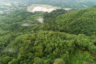 Dağ tropikal yağmur ormanlarının hava görüntüsü, bulutların üzerindeki kuş bakışı görüntü bulutların ve dağ zirvelerinin inanılmaz doğa arka planı.