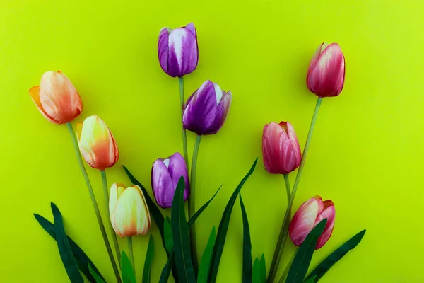 Voorjaarsbloemen Van Tulpen Bloemen Gele Achtergrond — Stockfoto
