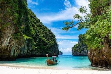 Tatil tatili arka planında Krabi Eyaleti Tayland 'daki güzel Phi adasının muhteşem loh samah körfezi manzarası