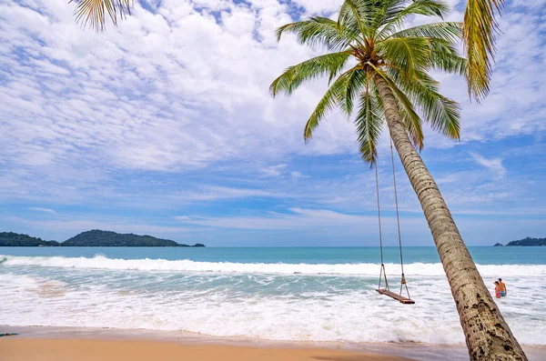 Patong plajı etrafında palmiye ağaçları olan yaz plajı Phuket Adası Tayland, yaz mevsiminde mavi gökyüzü arka planına sahip güzel tropik plaj.