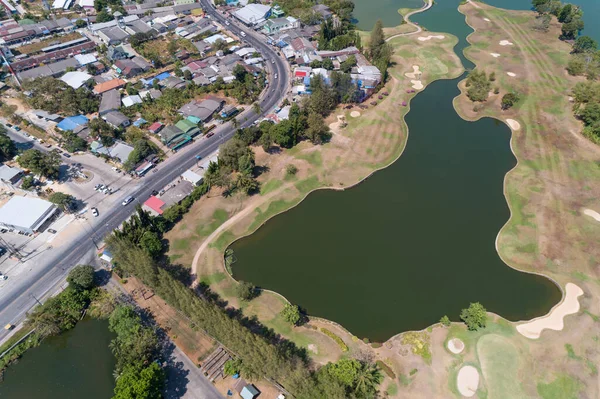 Aerial View Drone Top View Shot Asphalt Road Lake Modern — Stock Photo, Image