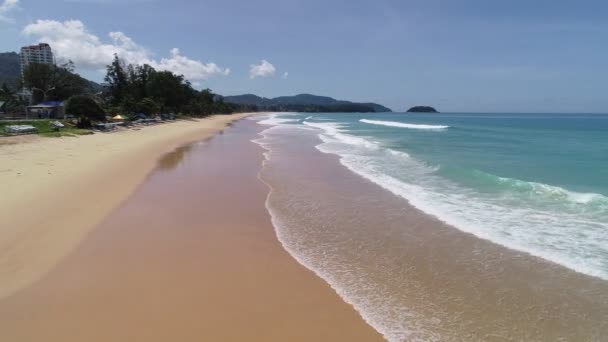 空中景观无人驾驶飞机拍摄的热带和男子海景风景 海滩海燕 海浪冲撞沙滩的视频 — 图库视频影像