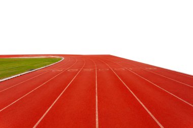 Beyaz arka planda spor stadyumunda kırmızı koşu izleri