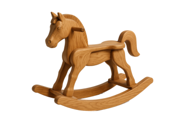 Ahşap sallanan at oyuncağı şeffaf arka planda izole edilmiş. El yapımı tasarım, doğal ahşap dokusunu, pürüzsüz bitişi ve çocuklar için ideal klasik kavisli rockçıları vurguluyor. 