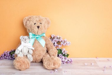 Üst ve alt sarı zemin üzerine iki oyuncak ayı. Ebeveynlik kavramı. Baba'nın ya da anneler günü kavramı. Kopya alanı.