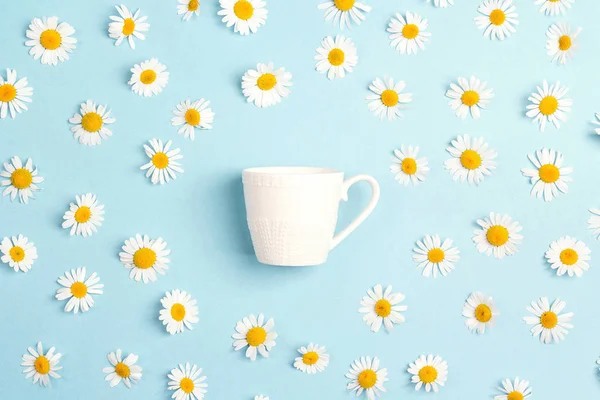 White Cup Romomile Flowers Blue Background Ромашковый Чай Плоский Вид — стоковое фото