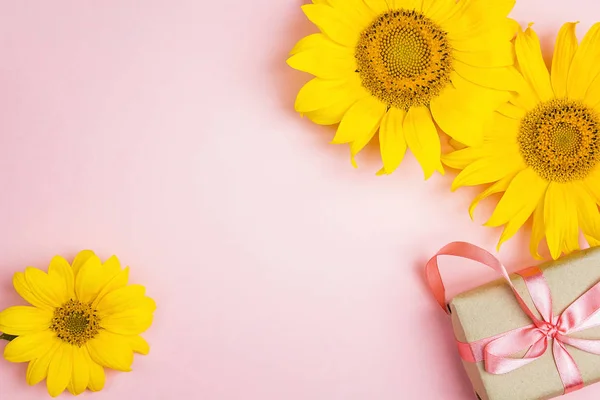 Sfondo Rosa Con Girasoli Gialli Confezione Regalo Copia Spazio Vista — Foto Stock