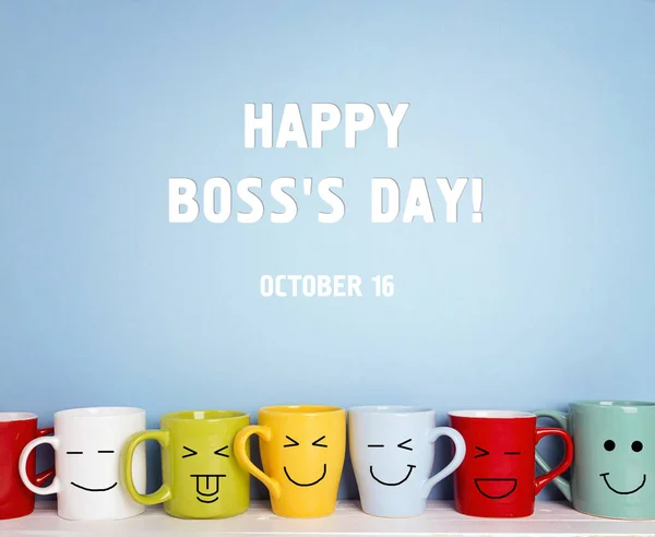 Boss day background with colorful mugs. Happy boss day concept.